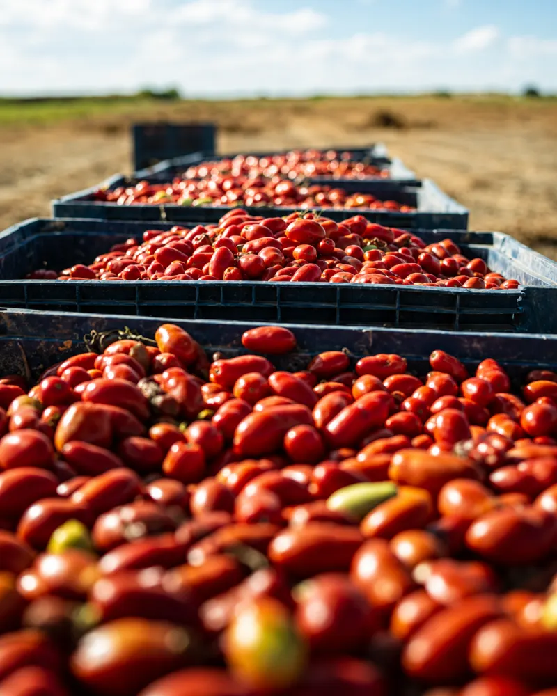 Cassetta di pomodori appena raccolti nel campo