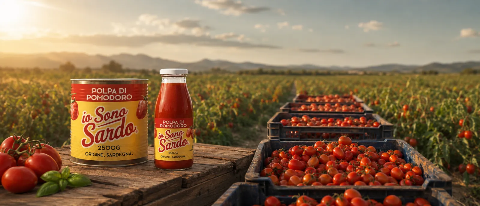 Campi di pomodoro in Sardegna al tramonto, con le cassette del raccolto