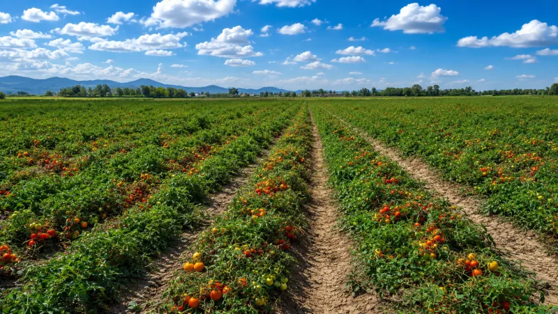 Filari di pomodoro nei campi sardi sotto il cielo azzurro