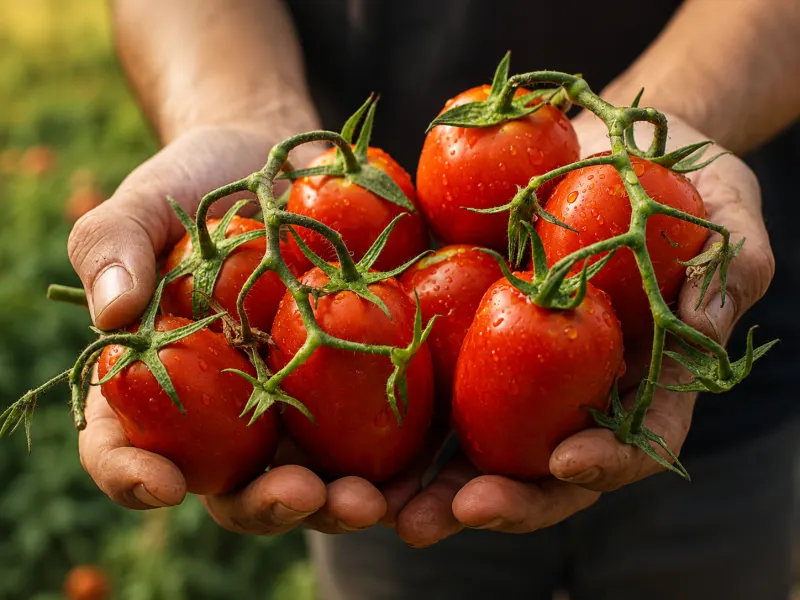 Mani che raccolgono pomodori maturi dalla pianta