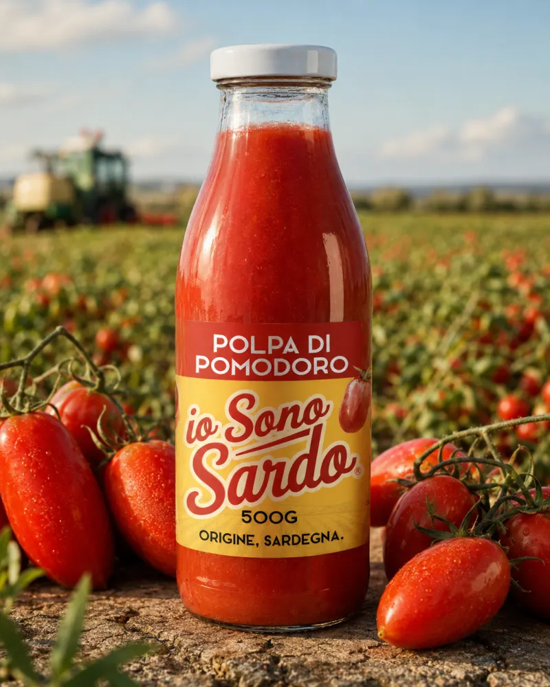 Bottiglia di polpa Io Sono Sardo nel campo di pomodori